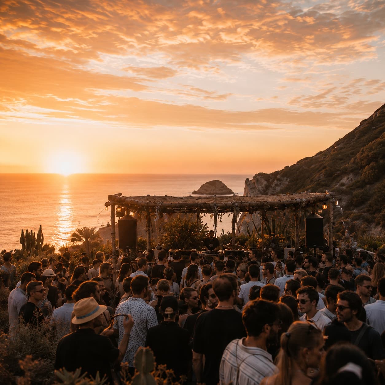 A crowd gathered on a cliffside terrace at sunset as Felix Kïno DJs beneath a wooden pergola overlooking the sea