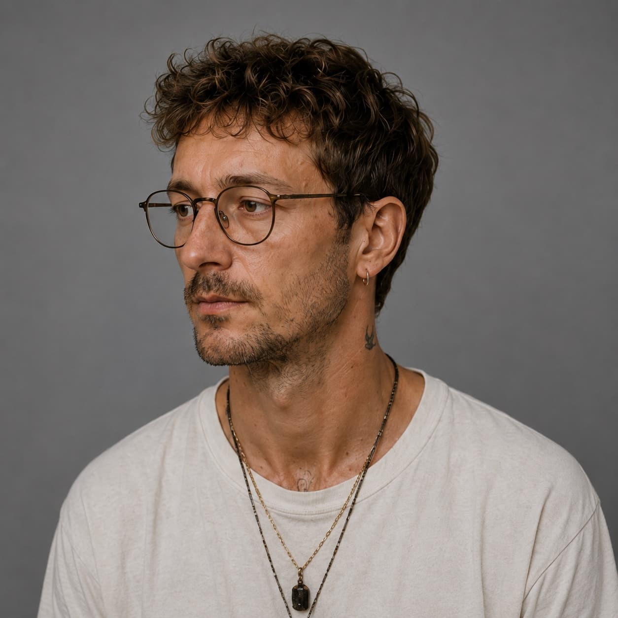 Portrait of Felix Kïno in profile against a plain grey backdrop